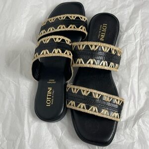 Lottini Made in Italy Woven Raffia & Black  Double Strap Slide Sandals 40 (US 9)